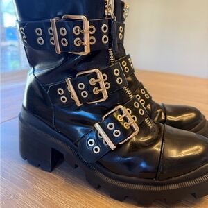 Alice + Olivia Black Moto Boots with Gold Buckles